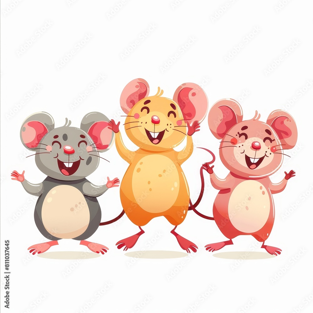 Naklejka premium Three cartoon mice are standing next to each other and smiling