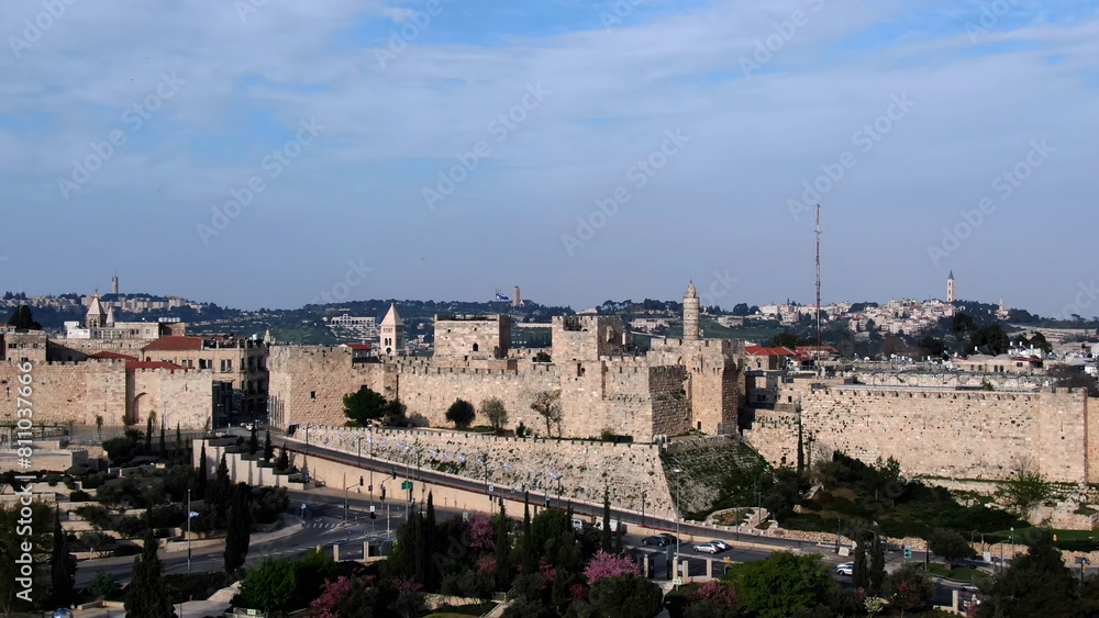 The old city of Jerusalem wall and David tower, drone view
Drone view from east Jerusalem old city and golden dome of the rock, may 2022 sunset
