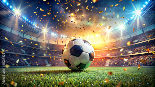 Close up of a soccer ball in the center of the stadium  with flying confetti