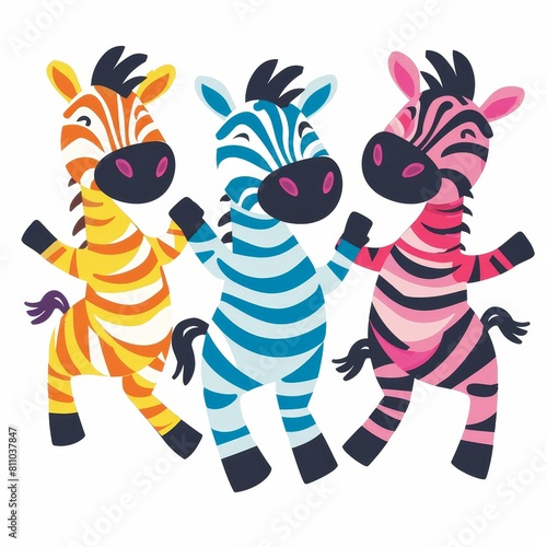 Three zebras are dancing and smiling