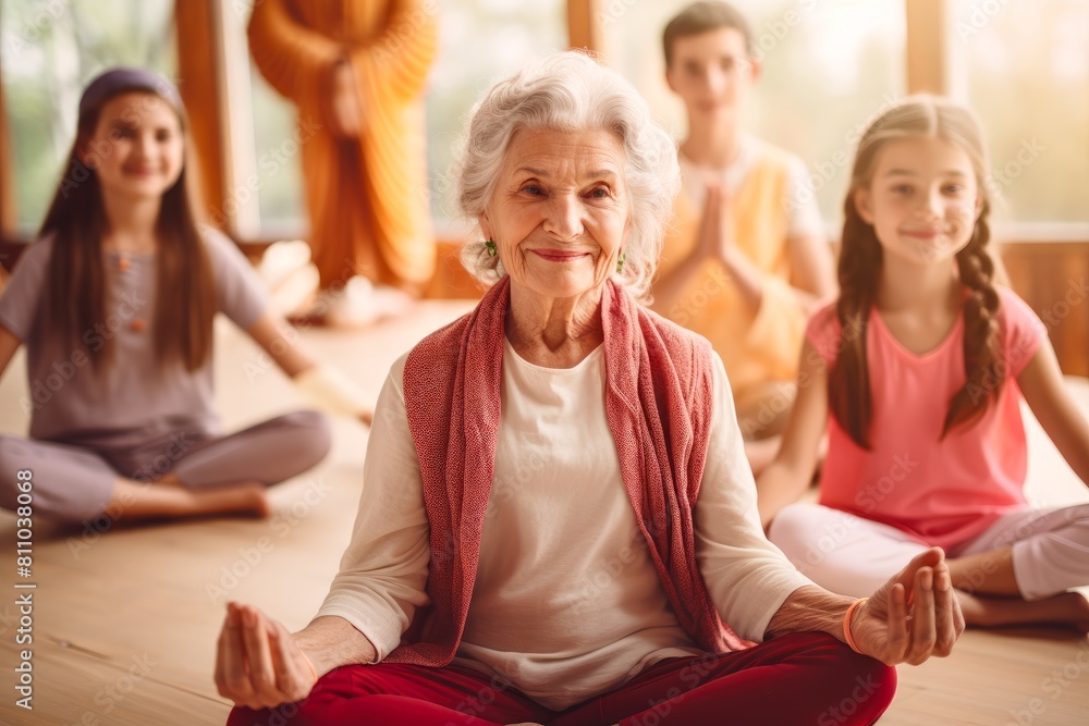 A happy granny sitting in lotus pose in a yoga class with children around her A happy granny sitting in lotus pose in a yoga class with children around her