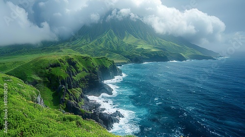 ilha flutuante com, árvores, montanhas, grama verde isolada com nuvens.  Foto ilustrativa com bela paisagem. photo