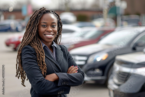 Portrait of a car salesman in a showroom. A happy African-American woman stands against the backdrop of a row of cars and smiles while looking at the camera.