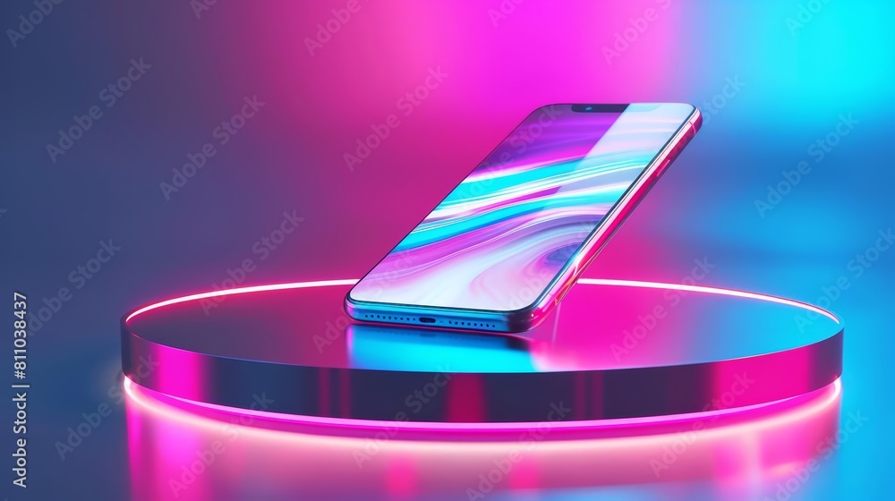 The presentation of a product featuring a sleek new smartphone, set on a glowing 3D podium, banner sharpen with copy space The presentation of a product featuring a sleek new smartphone, set on a glowing 3D podium, banner sharpen with copy space