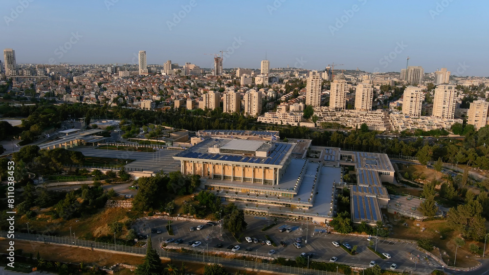 Fototapeta premium Israel parliament (Knesset), Aerial view Drone view from the capital of Israel, Jerusalem, 2022, Israel