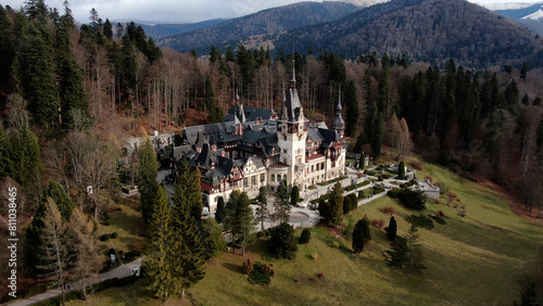 Aerial view over Peleș Castle in Sinaia Romania
Drone view from a Neo-Renaissance castle in the Carpathian Mountains, 2022
