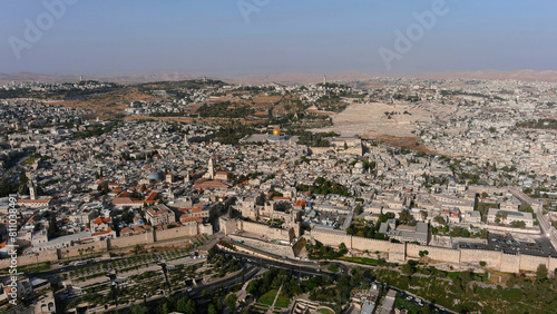 Jerusalem Old city panorama, aerial, 2022 Drone view from Jerusalem Old city Al Aqsa Mosque and Jewish Kotel western wall, June, 2022 