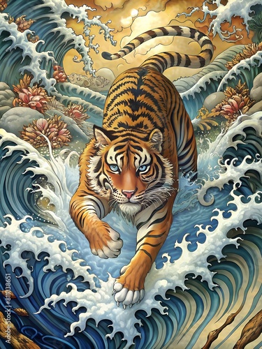 a tiger is running in the water with the words tiger on it.