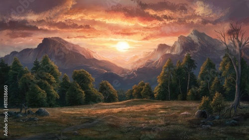 a sunset over a mountain range with a sunset in the background