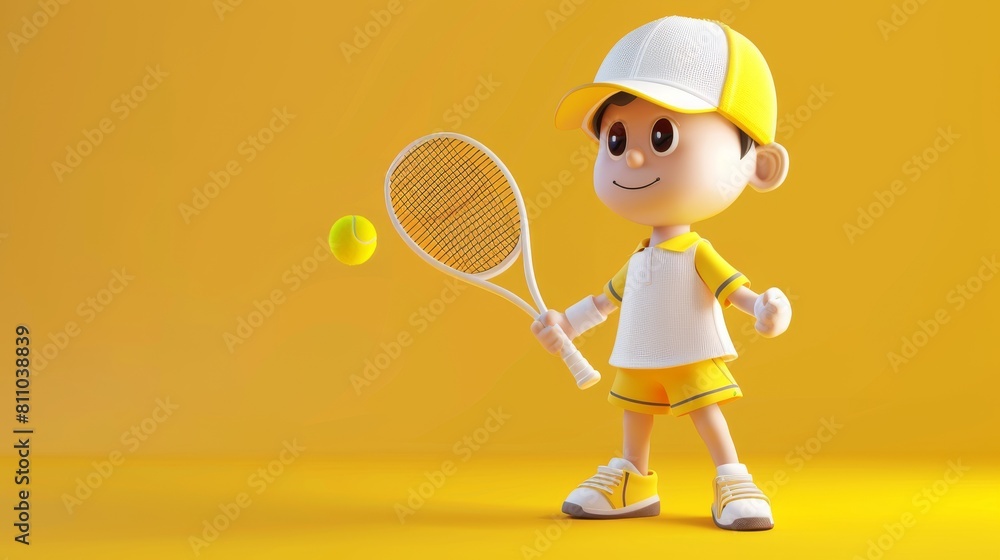 Cute 3D tennis player character in a rendering style.