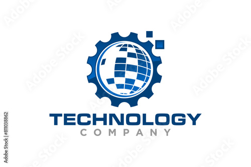 Technology logo design vector illustration of gears and globe fragment particles.