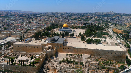 Drone and unique shot from Jerusalem in summer of 2022, golden domw of the rock, israel