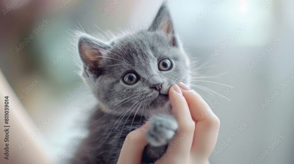 A cute gray kitten with big blue eyes and a pink nose is being held in someone's hand.