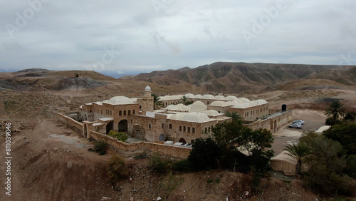 Nabi Musa site and mosque, AerialDrone view from Judan desert near Jerusalem 