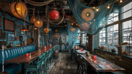seafood restaurant decor, fishermans nets and buoys suspended from the ceiling in a seafood eatery, evoking a maritime vibe for customers photo