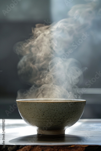 In the center of an empty table is a bowl filled with steaming soup, captured in closeup photography