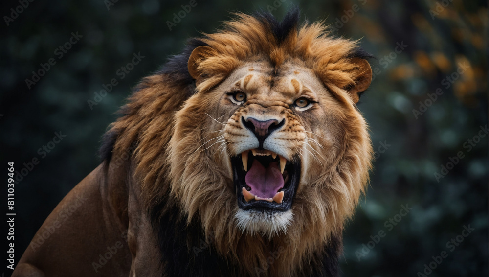 Roaring Monarch, Lion's Commanding Roar Set Against Black Roaring Monarch, Lion's Commanding Roar Set Against Black