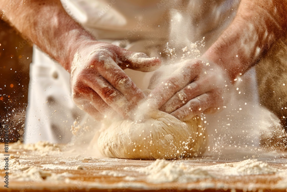 Fototapeta premium Men's hands kneading dough, bakery, hands close up, flour, male baker