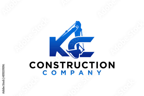 Logo design of an excavator at a construction site with the initials letters K C, Heavy equipment work earth mover.