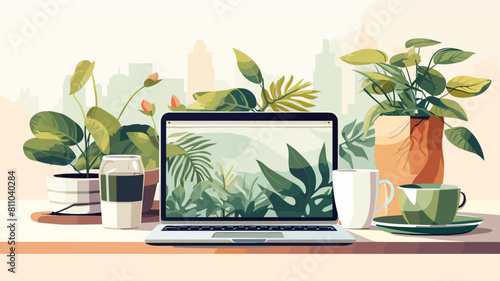 A cozy workplace with a laptop, coffee, and plants