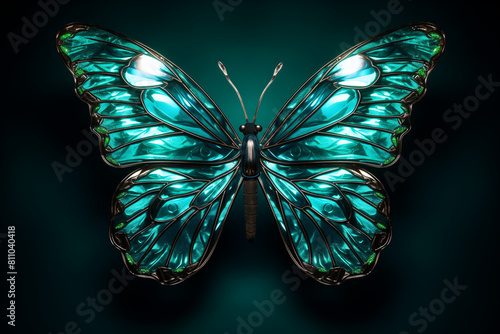3D render of a teal butterfly with glass wings, isolated on a dark background, with a metallic texture and sheen.