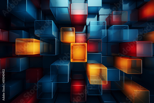 Abstract background with cubes in blue, orange and red colors. Background for design, presentation, or packaging.