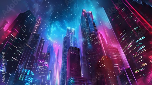A futuristic cityscape rendered in bold, neon colors against a dark, starry sky.  photo