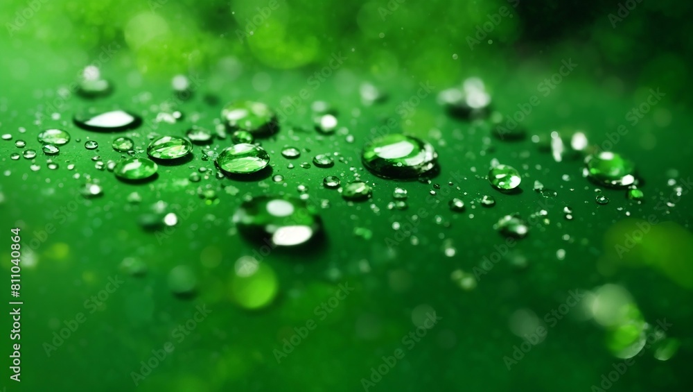Realistic water droplets on green background design wallpaper