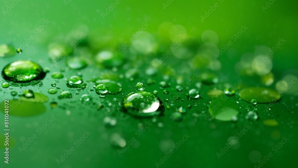 Realistic water droplets on green background design wallpaper