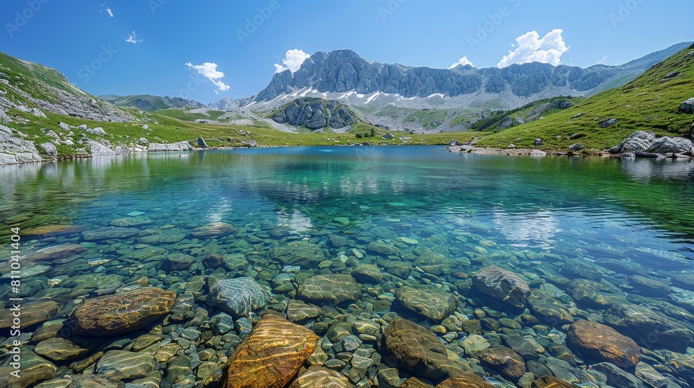 Fototapeta premium scenic mountain lakes, calming mountain lakes mirror the clear blue sky, providing a refreshing escape from the summer heat