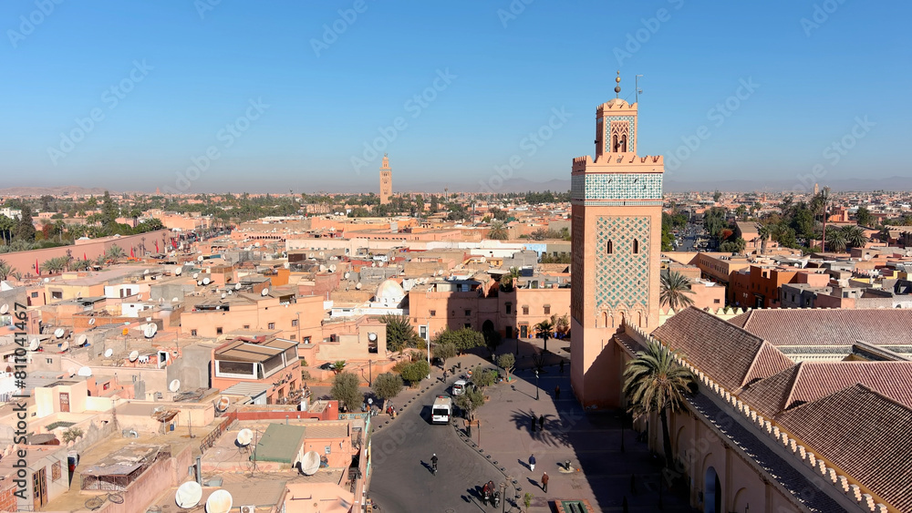 Obraz premium Marrakech City and koutoubia mosque, Morocco, drone, 2022 Drone view from Marrakech city rooftops, 2022 