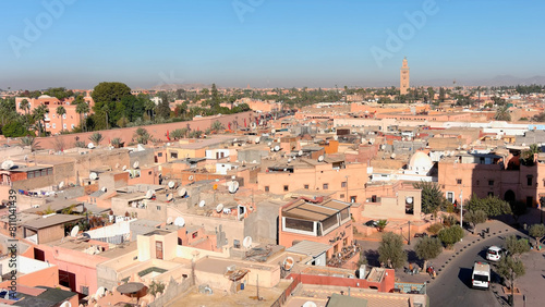 Aerial view over Morocco Marrakech City and mosque, koutoubia ,2022 Drone view from Marrakech city rooftops, 2022 