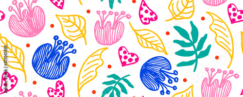 Abstract hand drawn flowers and leaves scribbling brush strokes Seamless vector pattern isolated background