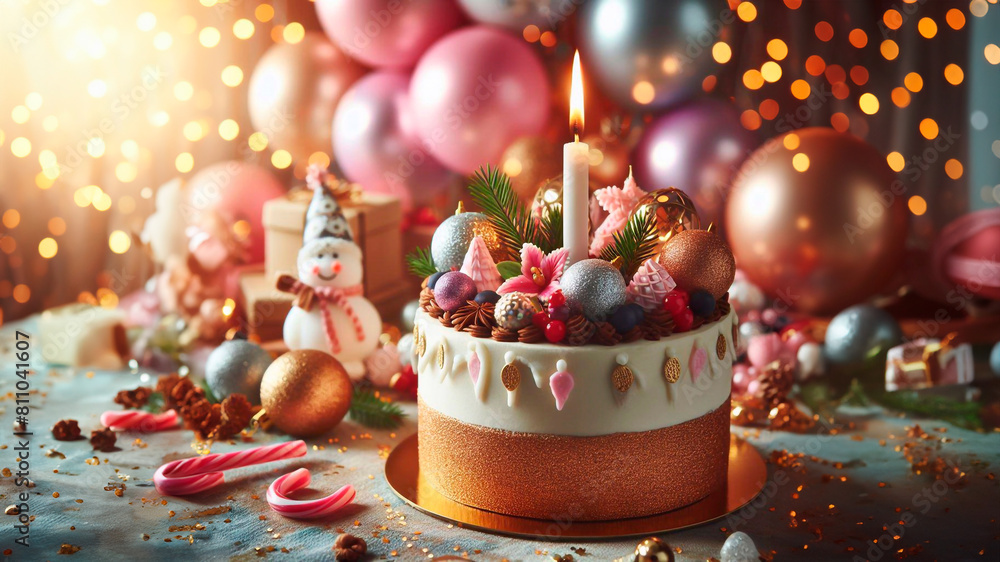 Candle on festive cake with balloons and party decor on blurred background for celebration Candle on festive cake with balloons and party decor on blurred background for celebration