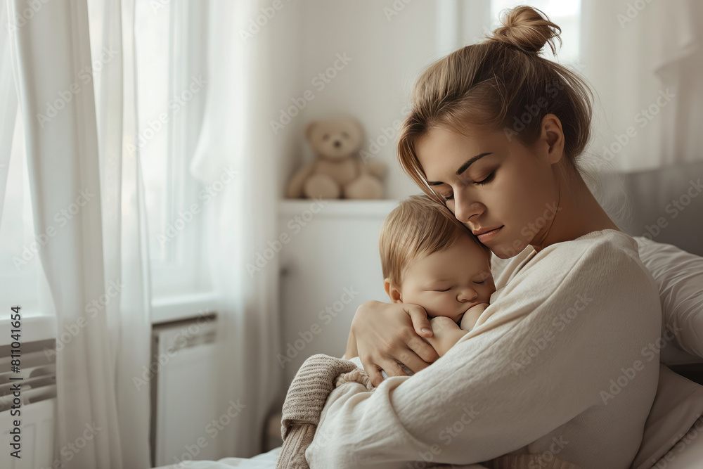 Tired exhausted young mother suffering from sleep deprivation with baby who sleeps in her arms. Tired exhausted young mother suffering from sleep deprivation with baby who sleeps in her arms.