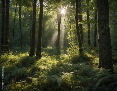 Feel the tranquility of the forest with our image of a peaceful woodland glade  where sunlight filters through the trees and birdsong fills the air