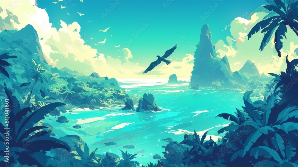 Tropical beach with palm trees, birds and sea. illustration