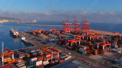 Rows of Shipping Containers on platform  Haifa  aerial  Drone view over cranes and cargo containers  Haifa Israel July 27 2022 