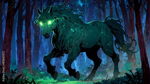 Illustration of a monstrous terrifying horse-like creature  dark magic and mythical beasts  glowing red markings  cinemtic look
