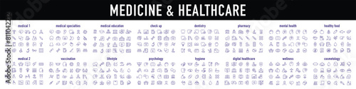 Set of 400 Medical and Healthcare web icons in line style. Medicine, check up, doctor, dentistry, pharmacy, lab, scientific discovery, collection. Vector illustration.