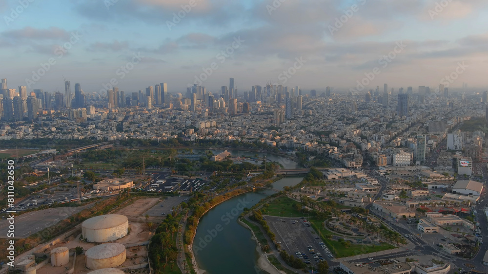 Tel aviv city skyline with Yarkon river, aerial
Drone view from Tel aviv israel, 2022

