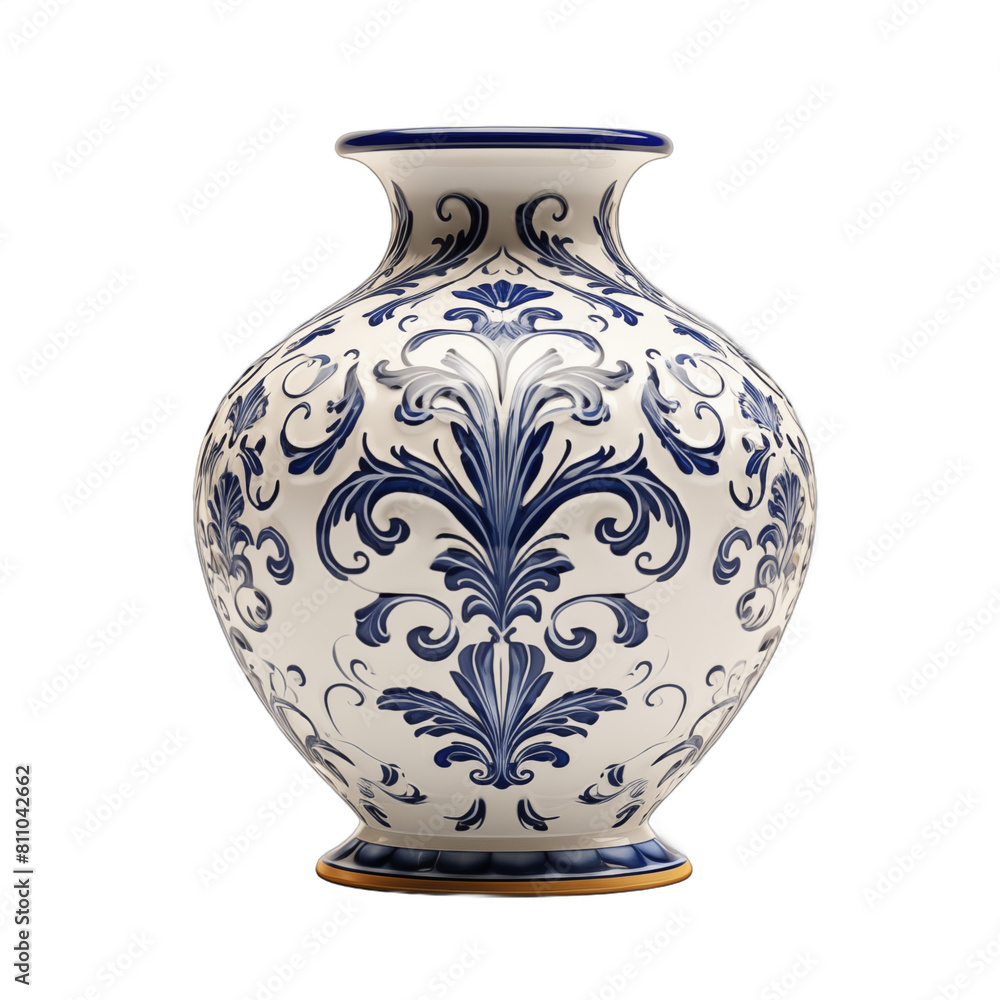 Blue and white ceramic vase with intricate floral pattern isolated on white background 3D rendering