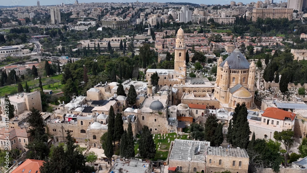 Naklejka premium Aerial view over Church Monastery of the Dormition Jerusalem Drone view from Old city of Jerusalem, 4K, march, 2023