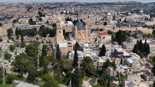 Aerial view over Church Monastery of the Dormition Jerusalem Drone view from Old city of Jerusalem, 4K, march, 2023 