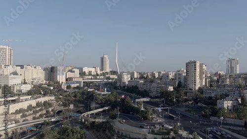 Jerusalem main entrance road one and chords bridge, aerial 2023 Drone view from Jerusalem, September 2023 