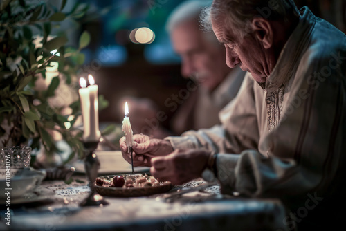 man is sitting at a table with a lit candle in front of him. He is eating food and he is enjoying his meal. Concept of warmth and comfort  as the candlelight creates a cozy atmosphere