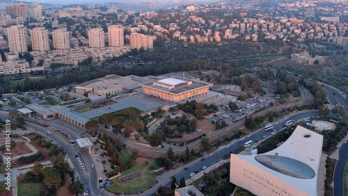 Israel parliament (Knesset) at sunset, Aerial view
Drone view from the capital of Israel, Jerusalem, 2023, Israel
