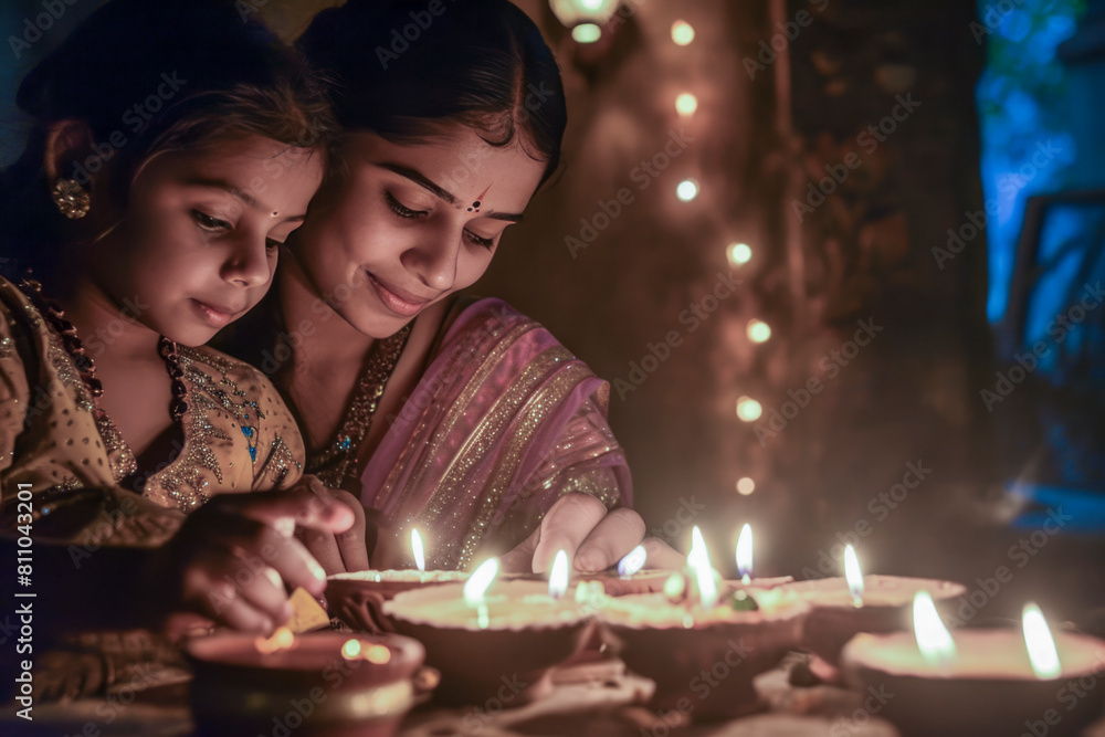 woman and a child are lighting candles in a room. Scene is warm and cozy, as the two are spending time together in a comfortable setting woman and a child are lighting candles in a room. Scene is warm and cozy, as the two are spending time together in a comfortable setting
