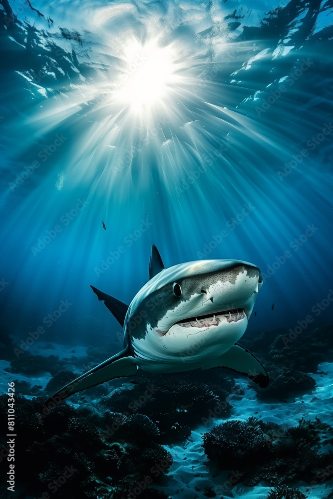 Fototapeta premium Close-Up of Great White Shark with Open Mouth, Capturing the Fierce Beauty of an Ocean Predator