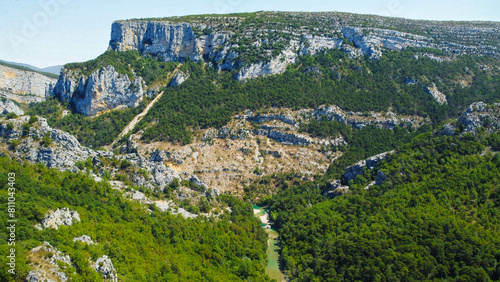 beautiful natural landscape of the Verdon Gorges in the French Alps, canyon that attracts tourists to immerse themselves in nature by taking a walk or canoeing. panoramic point where you admire nature